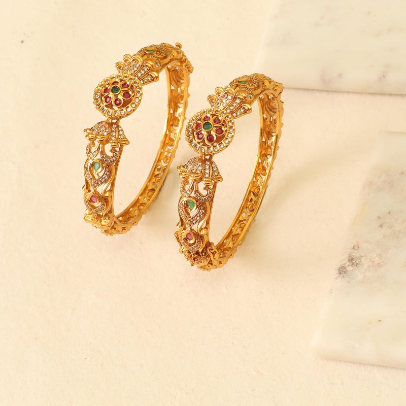 TARINIKA Antique Gold Plated Sarang Bangles with Floral Design(set of 2) - Indian Bangles for Women Perfect for Ethnic Occasions | Traditional Indian Jewelry For Women | 1 Year Warranty* - Image 4